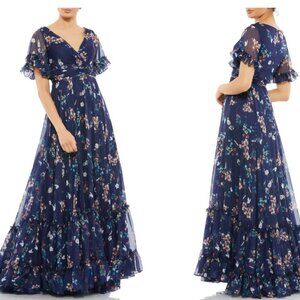Mac Duggal Navy Blue Floral Empire Waist Chiffon Gown